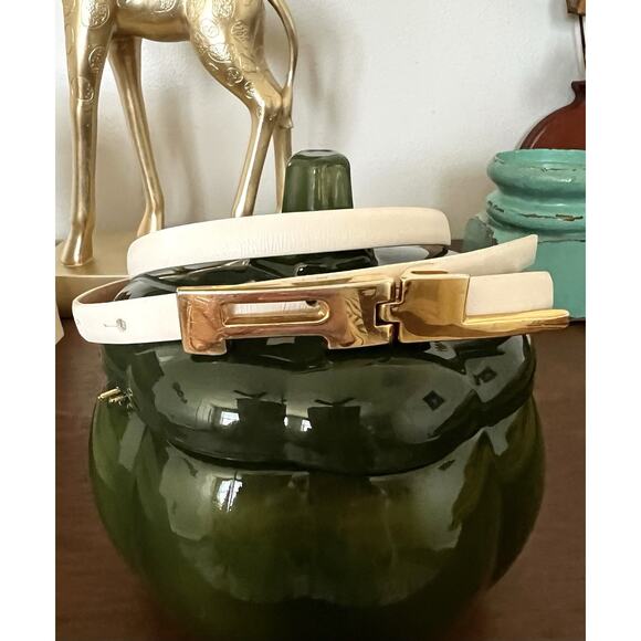 RALPH LAUREN Women\'s Gold-tone RL Logo White Leather Skinny Belt Italy Sz M main image 11